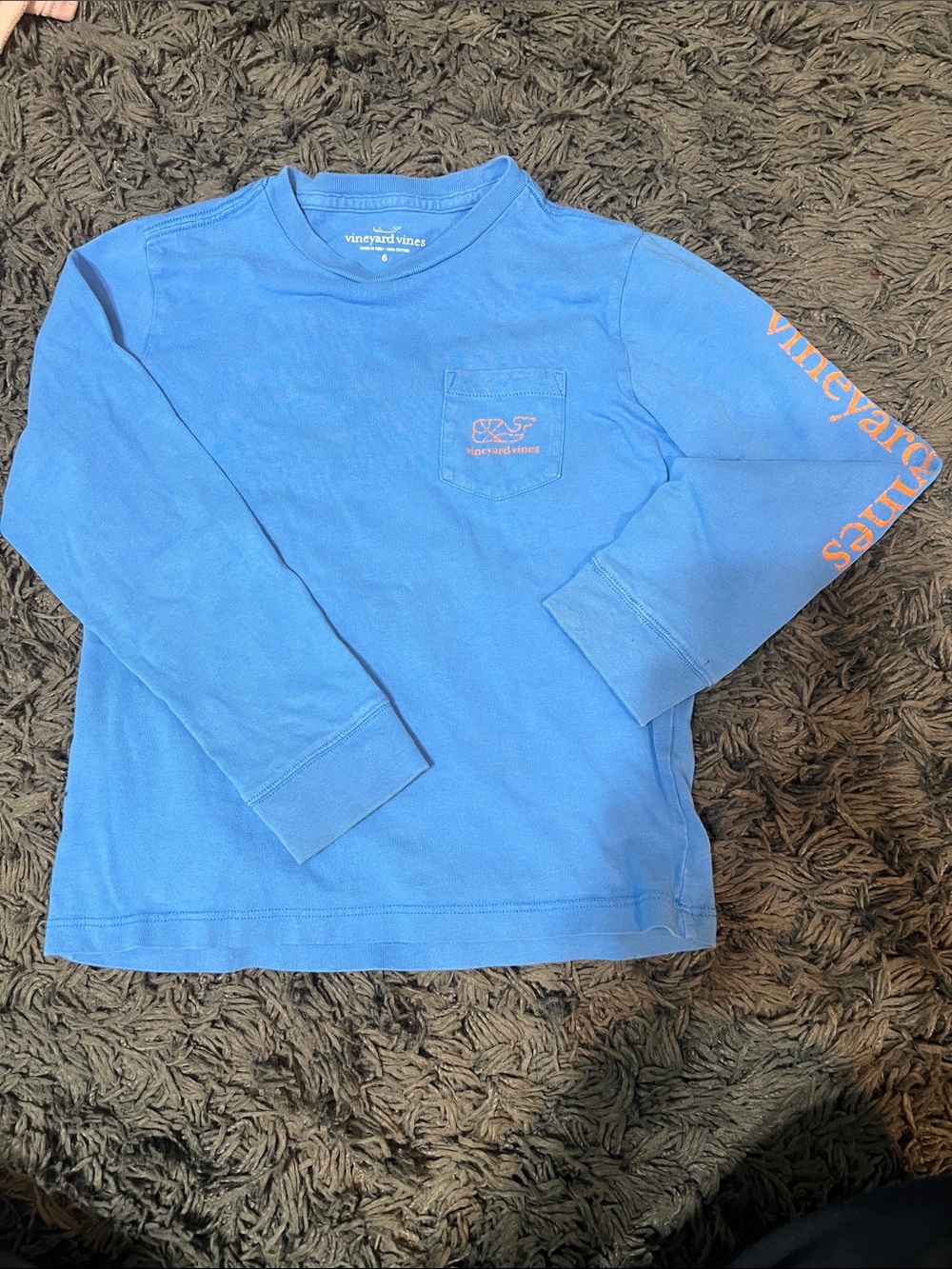 Vineyard Vines Kids Long-Sleeve Pocket Tee in Bright Blue with Coral Logo